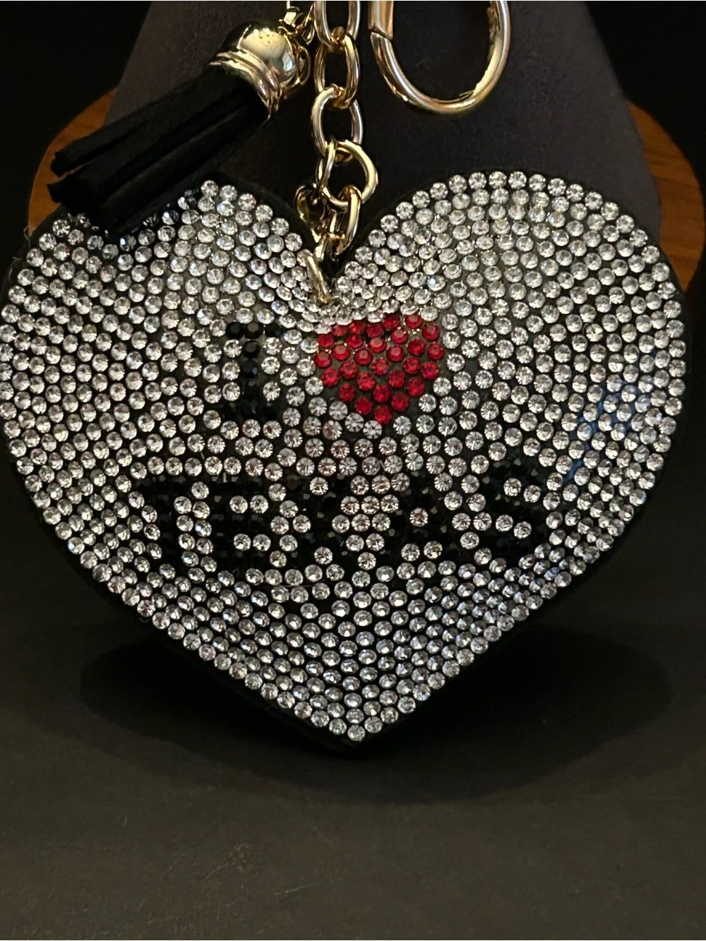 PREMIUM Puffy Rhinestone 'I ♥ Texas' Heart Bag Charm Keychain w/Black Tassel